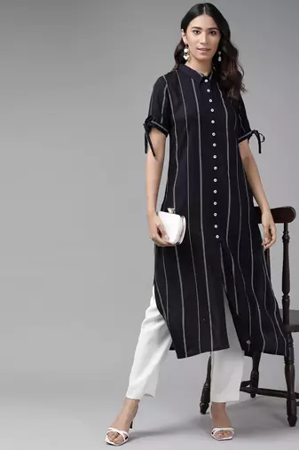 Women'S Rayon Stripe Printed Straight Kurta (Blue)