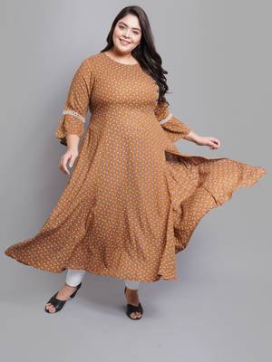 Women'S Plus Size Floral Printed A-Line Kurti (Brown) 1