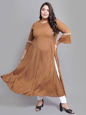 Women'S Plus Size Floral Printed A-Line Kurti (Brown) 3