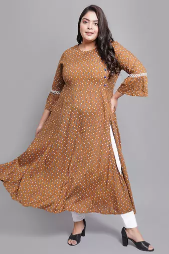 Women'S Plus Size Floral Printed A-Line Kurti (Brown)