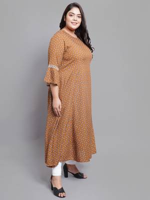 Women'S Plus Size Floral Printed A-Line Kurti (Brown) 4