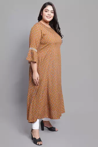 Women'S Plus Size Floral Printed A-Line Kurti (Brown)