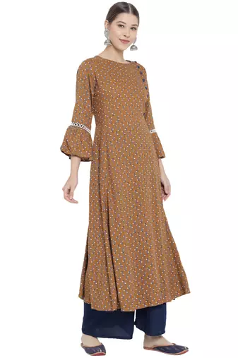 Women'S Floral Printed A-Line Kurti (Brown)
