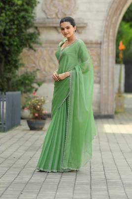 Green Embroidered Tussar Silk Bollywood Sarees With Blouse 4