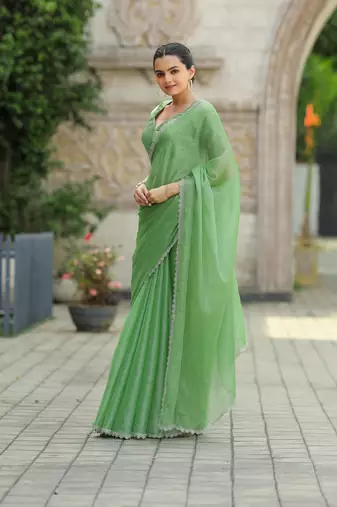 Green Embroidered Tussar Silk Bollywood Sarees With Blouse