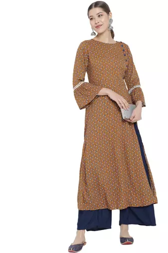 Women'S Floral Printed A-Line Kurti (Brown)
