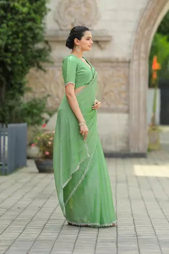 Green Embroidered Tussar Silk Bollywood Sarees With Blouse