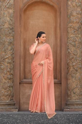 Coral Embroidered Tussar Silk Bollywood Sarees With Blouse