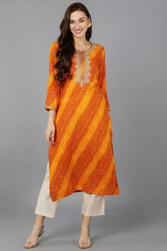 Women orange embroidered rayon ethnic kurti