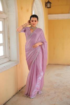 Baby Pink Embroidered Tussar Silk Bollywood Sarees With Blouse 1