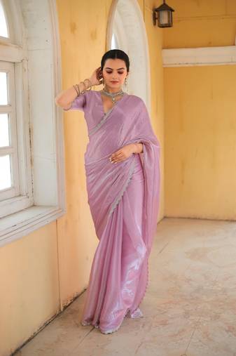 Baby Pink Embroidered Tussar Silk Bollywood Sarees With Blouse