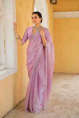 Baby Pink Embroidered Tussar Silk Bollywood Sarees With Blouse 2