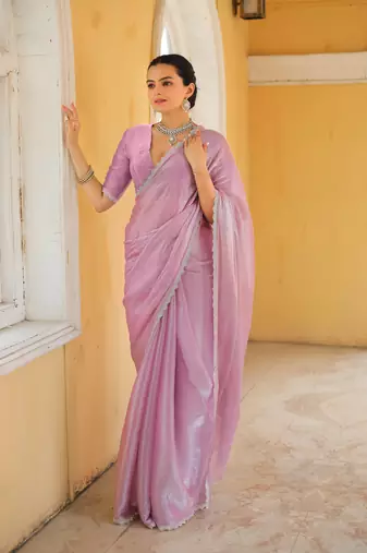 Baby Pink Embroidered Tussar Silk Bollywood Sarees With Blouse