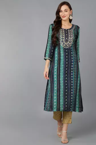 Women navy-blue embroidered rayon ethnic kurti