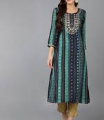 Women navy-blue embroidered rayon ethnic kurti