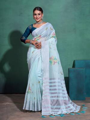 Sea Green Printed Linen Bollywood Sarees With Blouse 5