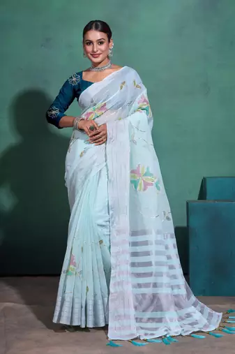 Sea Green Printed Linen Bollywood Sarees With Blouse