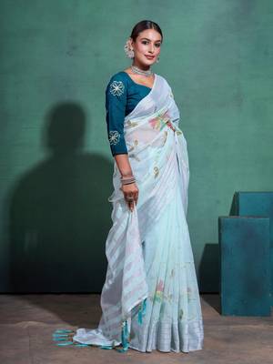 Sea Green Printed Linen Bollywood Sarees With Blouse 1