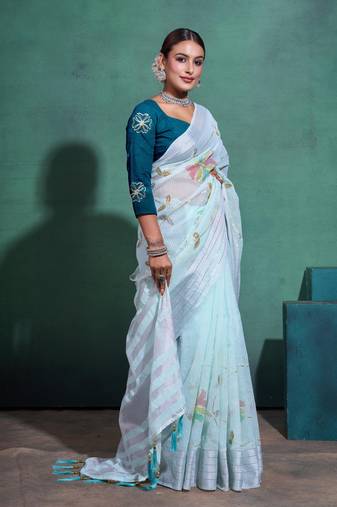 Sea Green Printed Linen Bollywood Sarees With Blouse