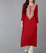Women red embroidered rayon ethnic kurti