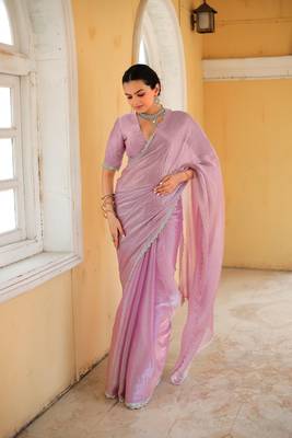 Baby Pink Embroidered Tussar Silk Bollywood Sarees With Blouse 4