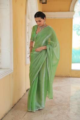 Green Embroidered Tussar Silk Bollywood Sarees With Blouse 3