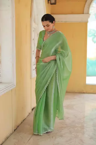 Green Embroidered Tussar Silk Bollywood Sarees With Blouse