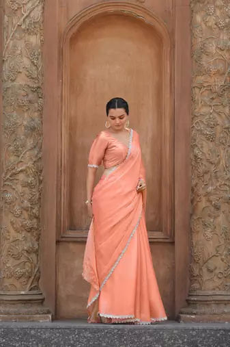 Coral Embroidered Tussar Silk Bollywood Sarees With Blouse
