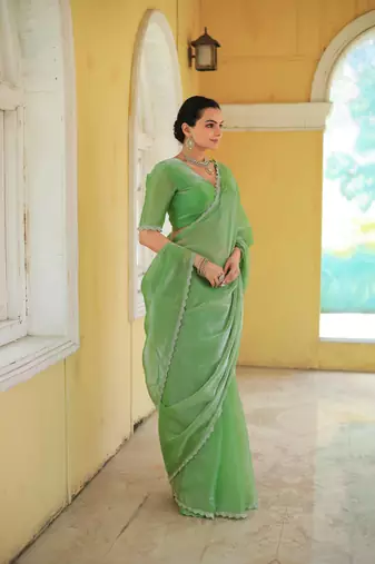 Green Embroidered Tussar Silk Bollywood Sarees With Blouse