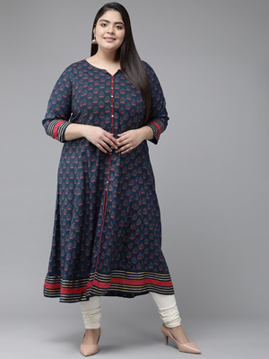 Women'S Plus Size Floral Printed Anarkali Kurti (Blue) 1