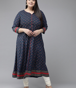 Women'S Plus Size Floral Printed Anarkali Kurti (Blue)