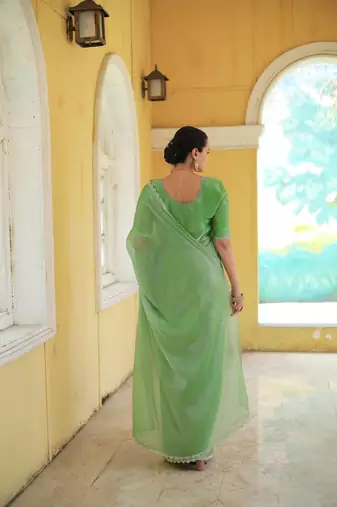 Green Embroidered Tussar Silk Bollywood Sarees With Blouse