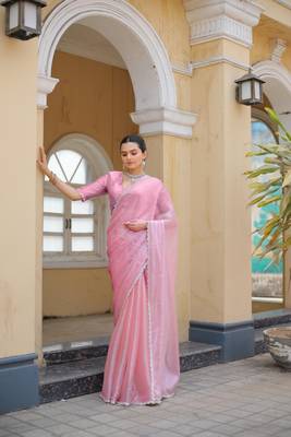 Pink Embroidered Tussar Silk Bollywood Sarees With Blouse 1