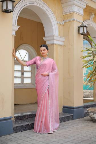 Pink Embroidered Tussar Silk Bollywood Sarees With Blouse