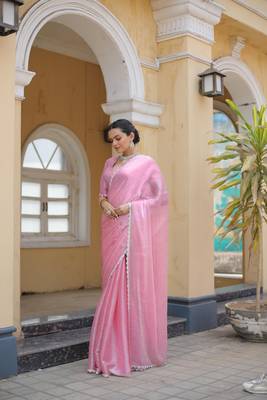 Pink Embroidered Tussar Silk Bollywood Sarees With Blouse 2