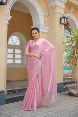 Pink Embroidered Tussar Silk Bollywood Sarees With Blouse 3