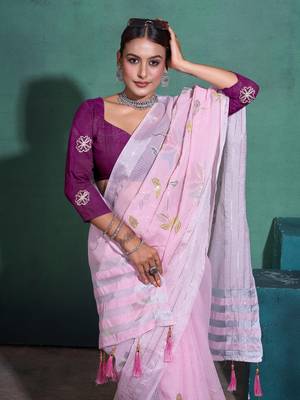 Light Pink Printed Linen Bollywood Sarees With Blouse 2
