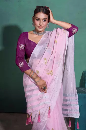 Light Pink Printed Linen Bollywood Sarees With Blouse