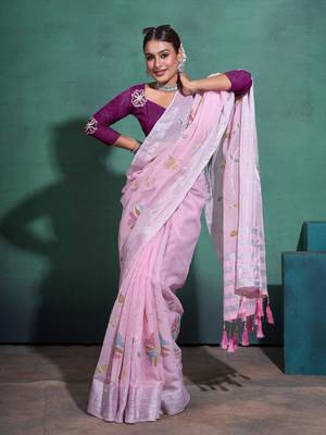 Light Pink Printed Linen Bollywood Sarees With Blouse 3