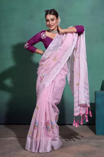Light Pink Printed Linen Bollywood Sarees With Blouse