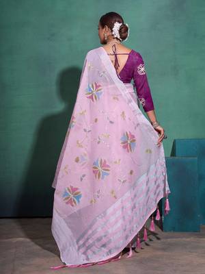 Light Pink Printed Linen Bollywood Sarees With Blouse 4