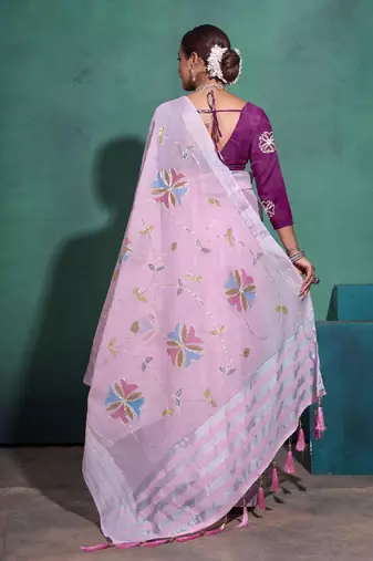 Light Pink Printed Linen Bollywood Sarees With Blouse