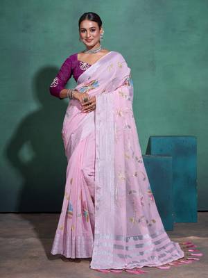 Light Pink Printed Linen Bollywood Sarees With Blouse 5