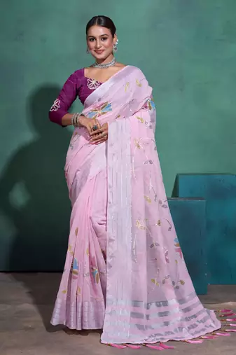 Light Pink Printed Linen Bollywood Sarees With Blouse