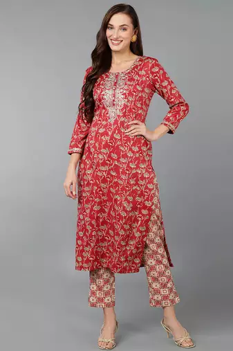 Women red embroidered silk ethnic kurti