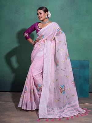 Light Pink Printed Linen Bollywood Sarees With Blouse 1