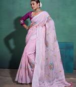 Light Pink Printed Linen Bollywood Sarees With Blouse