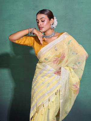Yellow Printed Linen Bollywood Sarees With Blouse 2