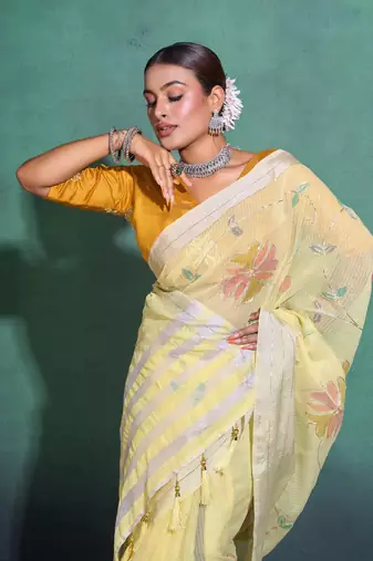 Yellow Printed Linen Bollywood Sarees With Blouse