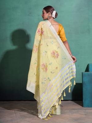 Yellow Printed Linen Bollywood Sarees With Blouse 3